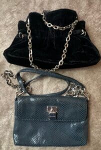 Calvin-Klein-Black-Velvet-Shoulder-Bag-and-White-House-Black-Market-Faux-Snakeskin-Crossbody-Bag-with-Calvin-Klein-Lock