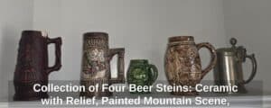 Collection-of-Four-Beer-Steins-Ceramic-with-Relief-Painted-Mountain-Scene-Miniature-Green-and-Pewter