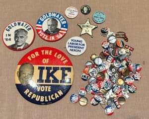 Collection-of-Political-Campaign-Pins-and-Buttons-Eisenhower-Goldwater-and-Nixon