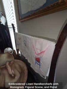 Embroidered-Linen-Handkerchiefs-with-Monogram-Figural-Scene-and-Floral-Motifs