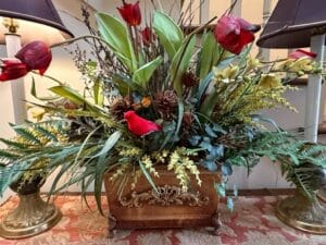 Faux-Floral-Arrangement-in-Ornate-Vintage-Planter