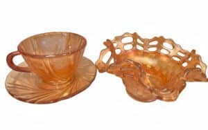 Fenton-Marigold-Carnival-Glass-Basketweave-Bowl-with-Open-Lace-Edge-and-Ribbed-Cup-and-Saucer