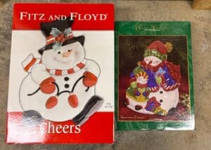 Fitz-and-Floyd-Cheers-Snowman-Chip-and-Dip-Set-and-Dillards-Snowman-Canaps-Plate
