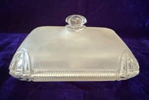 Frosted-Glass-Butter-Dish-with-Starburst-and-Fan-Motifs