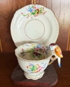 Hand-Painted-Japan-MT-Mark-Miniature-Teacup-and-Saucer-with-Bird-Figurine