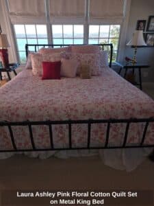 Laura-Ashley-Pink-Floral-Cotton-Quilt-Set-on-Metal-King-Bed