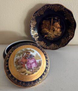 Limoges-Castel-France-Cobalt-Blue-and-K-Gold-Souvenir-Plate-and-Lidded-Trinket-Box-Set