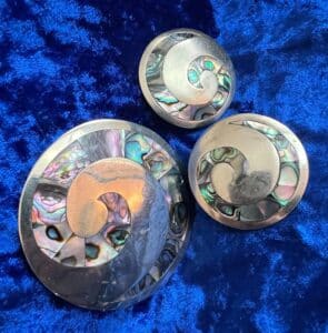 Mexican-Sterling-Silver-and-Abalone-Inlay-Brooch-and-Earrings-Set-Spiral-Design