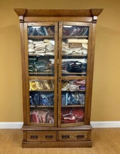Oak-Curio-Cabinet-with-Glass-Doors-and-Drawers