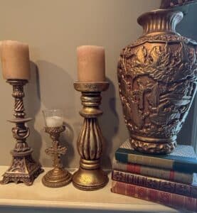 Ornate-Bronze-Finish-Candlestick-Set-with-Decorative-Vase