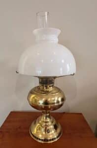 Pair-of-Brass-Oil-Lamps-with-Milk-Glass-Shades