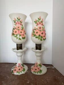Pair-of-Hand-Painted-Milk-Glass-Hurricane-Lamps-with-Pink-Floral-Motif