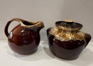 Roseville-Pottery-Drip-Glaze-Bean-Pot-and-Pitcher-Set