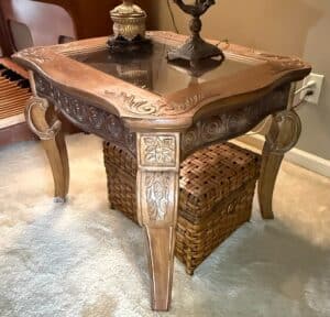 Schnadig-Carved-Wood-and-Glass-Top-End-Table