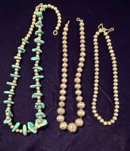 Three-Sterling-Silver-Necklaces-Turquoise-Heishi-Sterling-Graduated-Beads-Sterling-Smooth-Beads