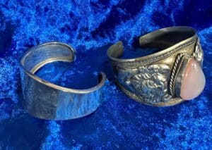 Two-Vintage-Bracelets-Sterling-Silver-Plain-Cuff-and-Ornate-Sterling-Silver-Rose-Quartz-Bracelet