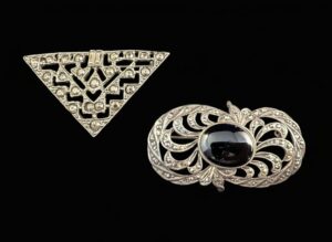 Vintage-Art-Deco-Sterling-Silver-Marcasite-and-Onyx-Brooches