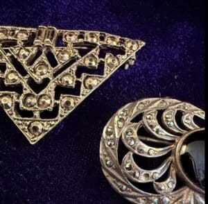 Vintage-Art-Deco-Sterling-Silver-Marcasite-and-Onyx-Brooches-second-image