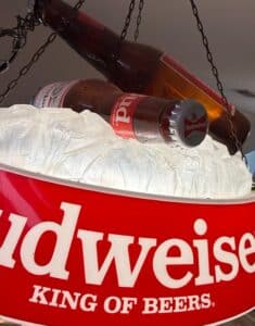 Vintage-Budweiser-King-of-Beers-Bottles-on-Ice-Hanging-Pool-Table-Light-second-image