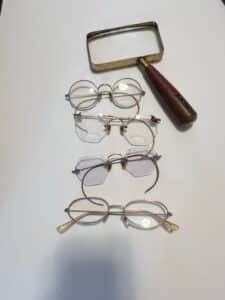 Vintage-Eyeglasses-and-Magnifying-Glass-Set-with-Makers-Marks