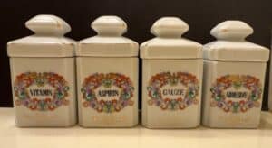 Vintage-Porcelain-Apothecary-Jars-Set-Aspirin-Gauze-Adhesive-Vitamin