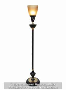 Vintage-Rembrandt-Brass-and-Black-Torchiere-Floor-Lamp-with-Amber-Glass-Shade