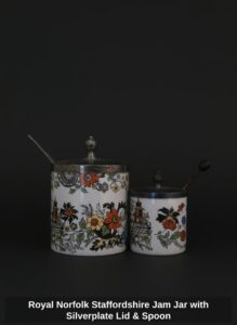 Royal-Norfolk-Staffordshire-Jam-Jar-with-Silverplate-Lid-Spoon