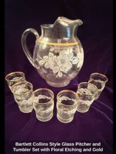 Bartlett-Collins-Style-Glass-Pitcher-and-Tumbler-Set-with-Floral-Etching-and-Gold-Trim