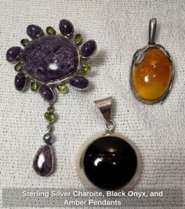 Sterling-Silver-Charoite-Black-Onyx-and-Amber-Pendants