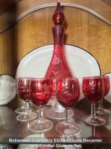 Bohemian-Cranberry-Etched-Glass-Decanter-and-Cordial-Glasses-Set-1