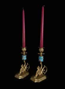 Gilt-Bronze-and-Enamel-Candlesticks-Pair-Style