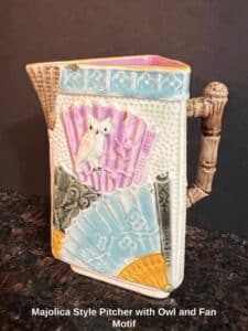 Majolica-Style-Pitcher-with-Owl-and-Fan-Motif-1