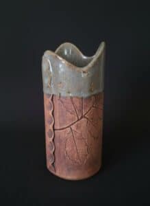 Stoneware Vase with Leaf Motif and Wavy Rim