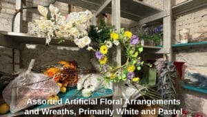 Assorted-Artificial-Floral-Arrangements-and-Wreaths-Primarily-White-and-Pastel-Tones