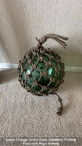 Large-Vintage-Green-Glass-Japanese-Fishing-Float-with-Rope-Netting