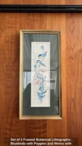 Set-of-Framed-Botanical-Lithographs-Bluebirds-with-Poppies-and-Wrens-with-Irises