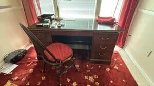 Vintage-Mahogany-Double-Pedestal-Executive-Desk-with-Spindle-Back-Chair