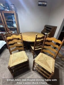 Ethan-Allen-Oak-Round-Dining-Table-with-Four-Ladder-Back-Chairs