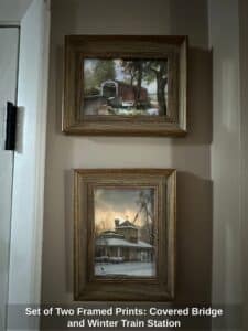 Set-of-Two-Framed-Prints-Covered-Bridge-and-Winter-Train-Station