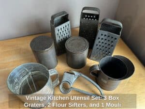Vintage-Kitchen-Utensil-Set-Box-Graters-Flour-Sifters-and-Mouli-Rotary-Grater
