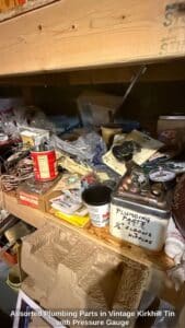 Assorted-Plumbing-Parts-in-Vintage-Kirkhill-Tin-with-Pressure-Gauge