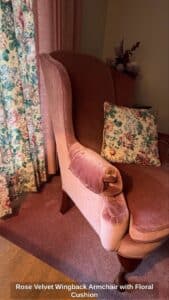 Rose-Velvet-Wingback-Armchair-with-Floral-Cushion-second-image