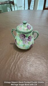 Vintage-Nippon-Hand-Painted-Purple-Violets-Moriage-Sugar-Bowl-with-Lid