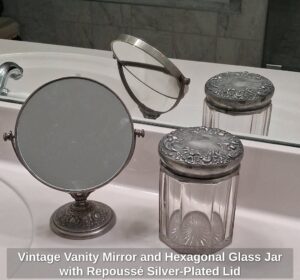 Vintage-Vanity-Mirror-and-Hexagonal-Glass-Jar-with-Repouss-Silver-Plated-Lid