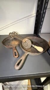 Vintage-Cast-Iron-Skillets-and-AJ-Rotary-Egg-Beater