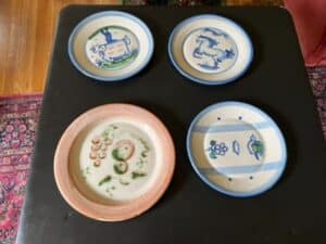 MA-Hadley-pear-and-grape-plate-blue-cow-plate-blue-horse-plate-and-bird_cloud_flower-plate_-all-signed-1