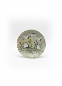 Antique-Japanese-Kutani-Porcelain-Plate-with-Cranes-and-Flowers