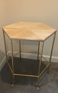 Hexagonal-Marble-Top-Side-Table-with-Gilt-Metal-Frame-and-Paw-Feet