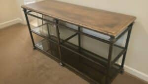 Industrial-Console-Table-with-Dark-Wood-Top-and-Glass-Shelves