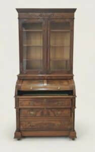 Victorian-Eastlake-Walnut-and-Burl-Cylinder-Roll-Top-Desk-with-Glazed-Bookcase